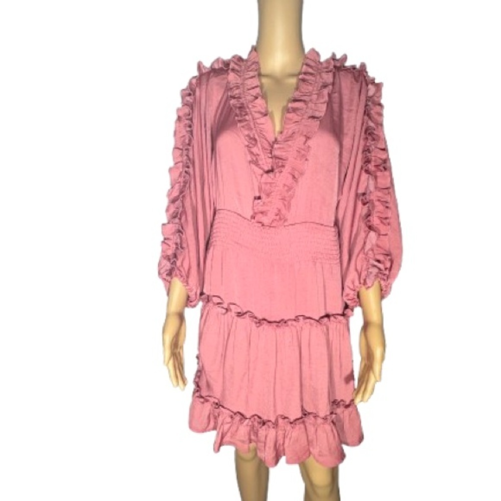 Glam Spring Deep V-Neck Ruffle Long Sleeve Open Back Smock Mini Dress Small